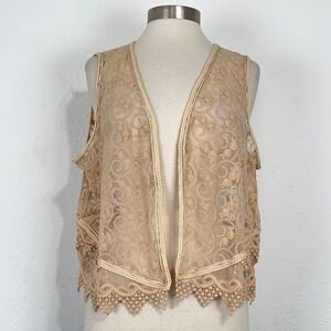 Boho Romantic Fairy Vest Large XL Floral Embroidered Crochet Sheer Dainty Open